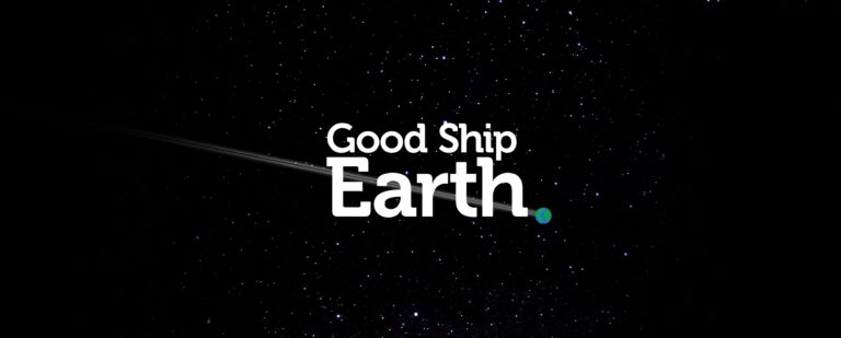 Outter space with the Good Ship Earth logo near a tiny earth